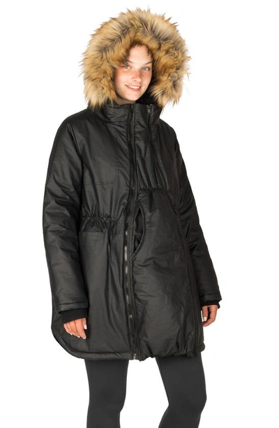 Modern Eternity Sofia Waxed 3-in-1 Maternity/nursing Jacket With Faux Fur Trim In Black