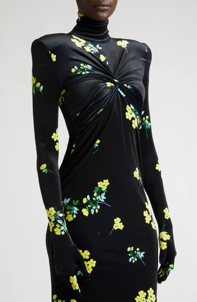 Shop Richard Quinn Floral Print Turtleneck Glove Sleeve Velvet Midi Dress In Buttercup