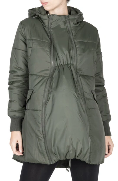 Modern Eternity 3-in-1 Hooded Maternity Puffer Jacket In Khaki Green