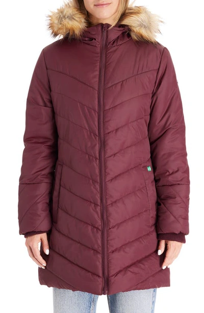 Shop Modern Eternity Faux Fur Trim Convertible Puffer 3-in-1 Maternity Jacket In Burgundy