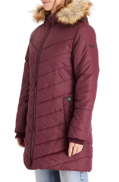 Modern Eternity Faux Fur Trim Convertible Puffer 3-in-1 Maternity Jacket In Burgundy