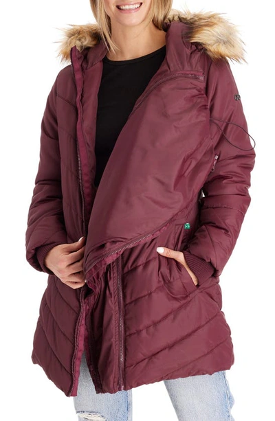 Modern Eternity Faux Fur Trim Convertible Puffer 3-in-1 Maternity Jacket In Burgundy
