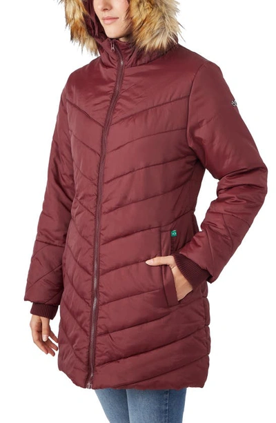 Modern Eternity Faux Fur Trim Convertible Puffer 3-in-1 Maternity Jacket In Burgundy