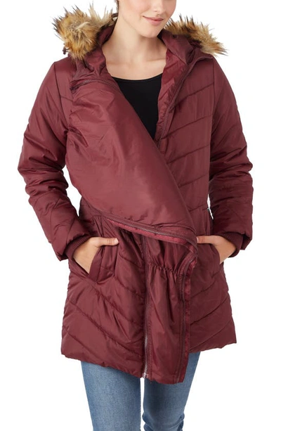Modern Eternity Faux Fur Trim Convertible Puffer 3-in-1 Maternity Jacket In Burgundy