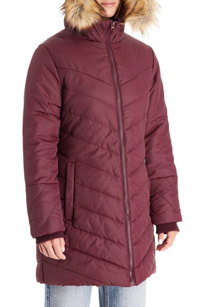 Modern Eternity Faux Fur Trim Convertible Puffer 3-in-1 Maternity Jacket In Burgundy