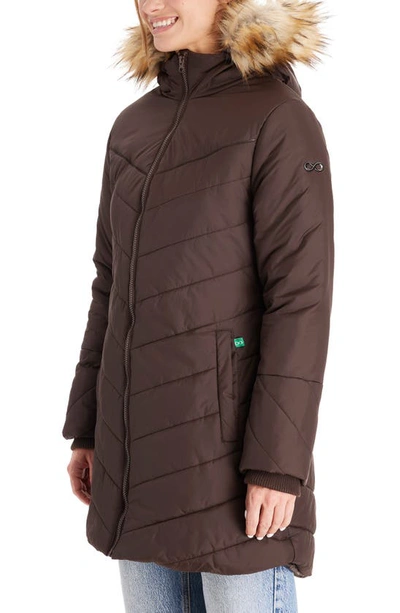 Modern Eternity Faux Fur Trim Convertible Puffer 3-in-1 Maternity Jacket In Dark Chocolate