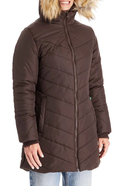 Modern Eternity Faux Fur Trim Convertible Puffer 3-in-1 Maternity Jacket In Dark Chocolate