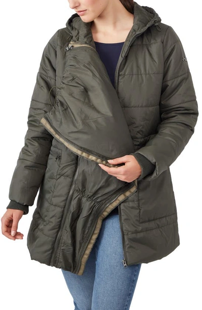 Modern Eternity 3-in-1 Hybrid Quilted Waterproof Maternity Puffer Coat In Khaki Green