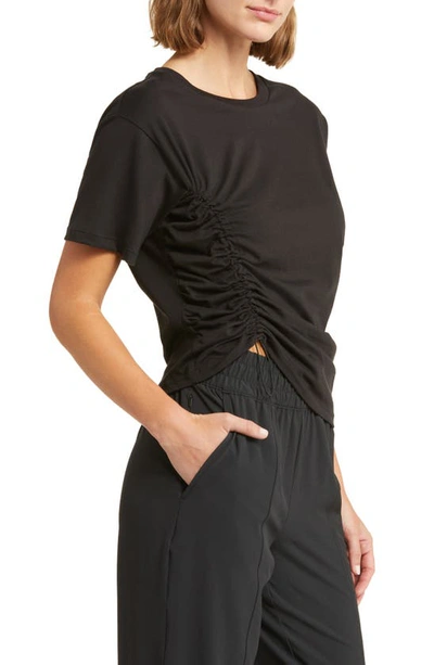 Shop Zella Adjustable Ruched Pima Cotton T-shirt In Black