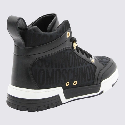 Shop Moschino Black Leather And Canvas Monogram Jacquard High Top Sneakers