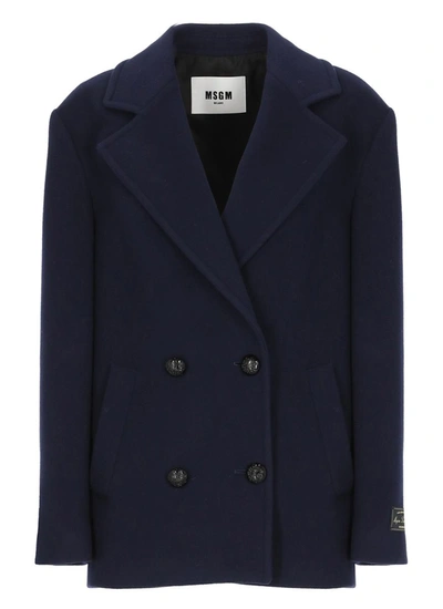 Msgm Double-breasted Logo-patch Jacket In Blue