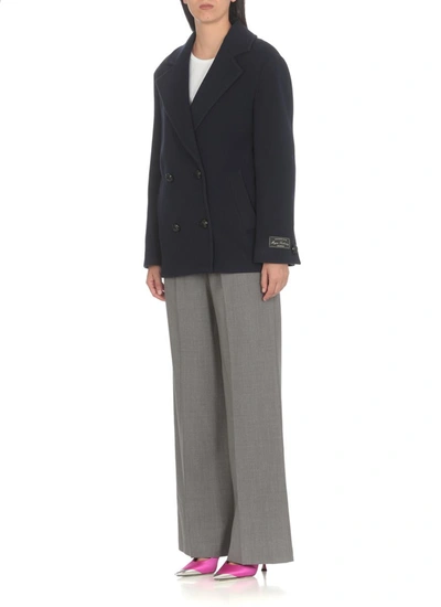 Msgm Double-breasted Logo-patch Jacket In Blue