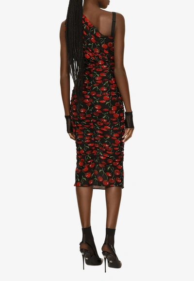 Dolce & Gabbana Cherry Print One-shoulder Midi Dress In Multicolor