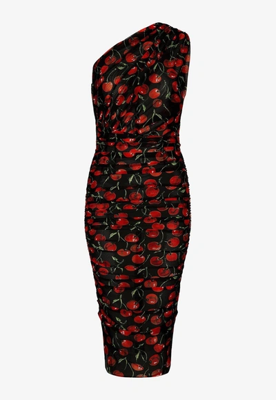 Dolce & Gabbana Cherry Print One-shoulder Midi Dress In Multicolor