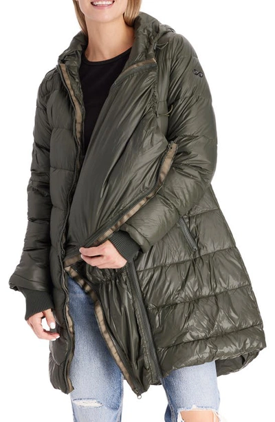 Modern Eternity 3-in-1 Waterproof Quilted Down & Feather Fill Maternity Puffer Coat In Khaki Green