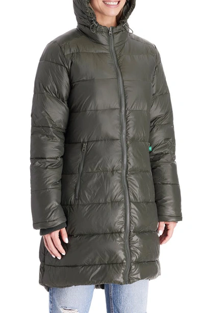 Shop Modern Eternity 3-in-1 Waterproof Quilted Down & Feather Fill Maternity Puffer Coat In Khaki Green