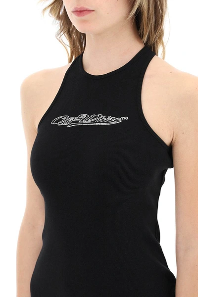 Shop Off-white Rhinestone Logo Sheath Dress In Black