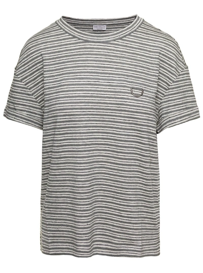Shop Brunello Cucinelli Striped Short-sleeve T-shirt In Grey Linen Blend Woman In Grey/white