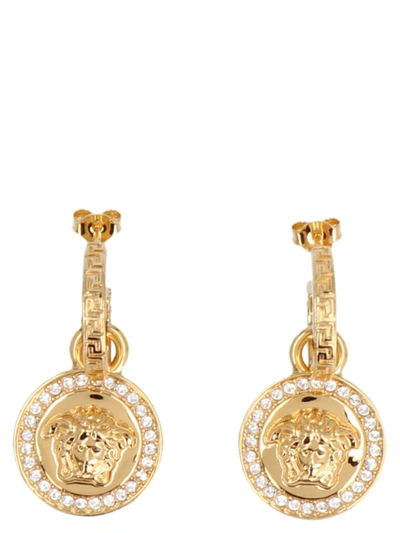 Shop Versace Crystal La Medusa Greca Earrings In Oro
