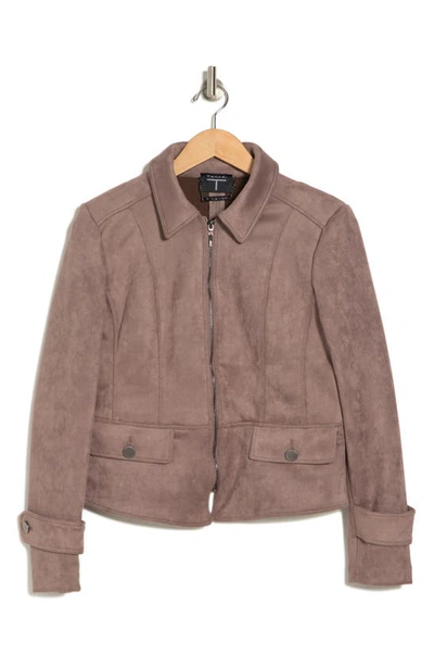 T Tahari Faux Suede Crop Zip Jacket In Dark Cocoa