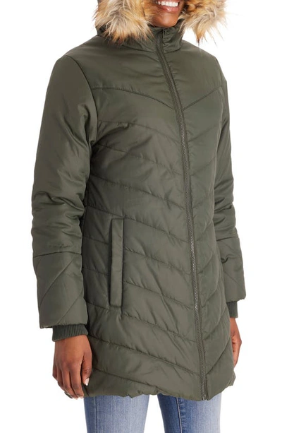 Modern Eternity Faux Fur Trim Convertible Puffer 3-in-1 Maternity Jacket In Khaki Green