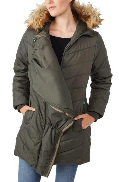 Modern Eternity Faux Fur Trim Convertible Puffer 3-in-1 Maternity Jacket In Khaki Green