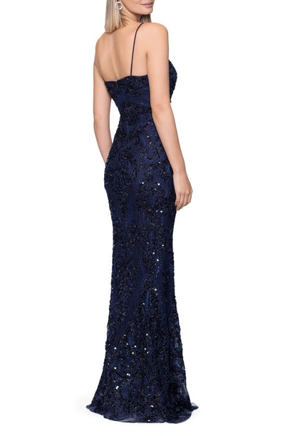 Betsy & Adam Illusion Sequin Coulmn Gown In Navy
