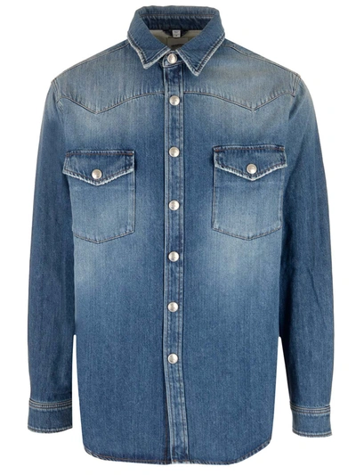 Shop Burberry Denim Shirt With Pockets In Blue