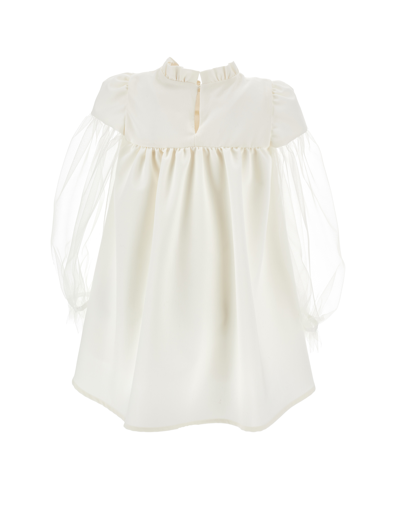 Shop Monnalisa Lightweight Wool Dress With Tulle Sleeves In Cream