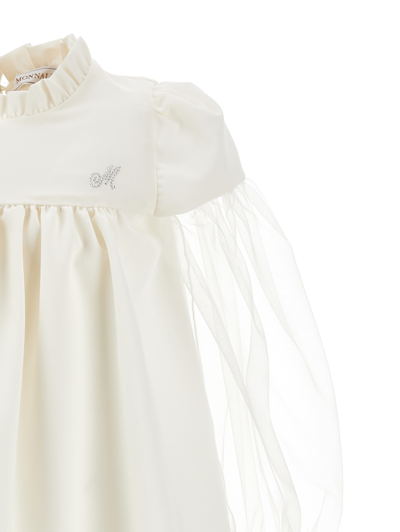 Shop Monnalisa Lightweight Wool Dress With Tulle Sleeves In Cream