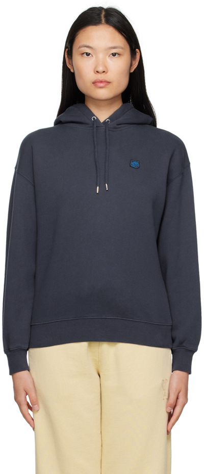 Maison Kitsuné Fox Embroidered Drawstring Hoodie In Ink Blue