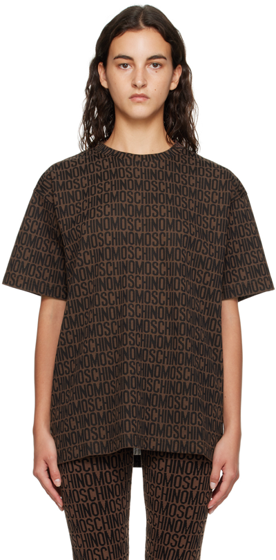 Shop Moschino Brown All Over T-shirt In A1103 Fp Brown