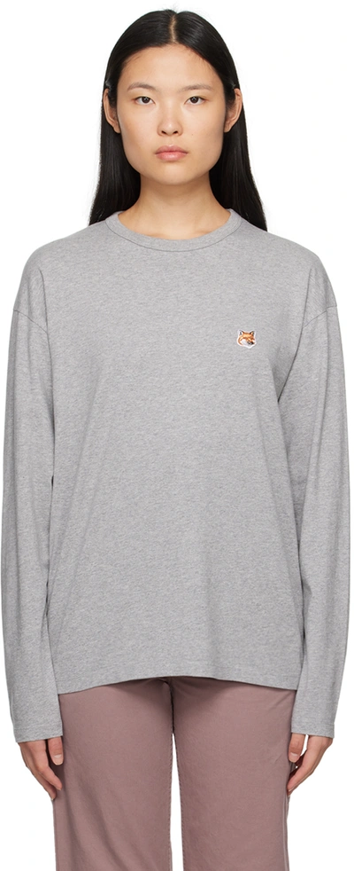 Shop Maison Kitsuné Gray Fox Head Long Sleeve T-shirt In Grey Melange