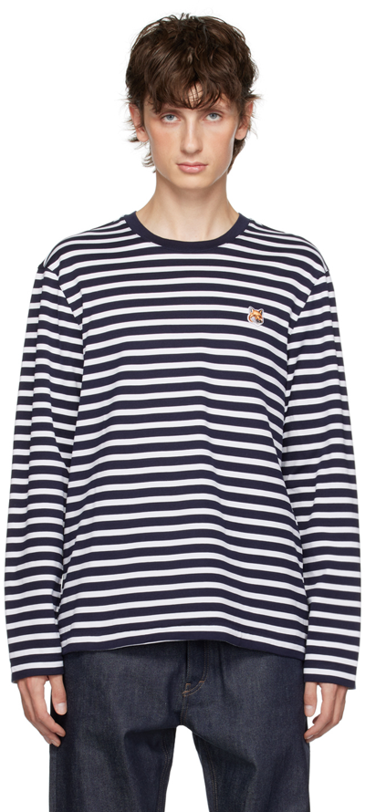 Shop Maison Kitsuné Navy Fox Head Long Sleeve T-shirt In S480 Navy Stripes