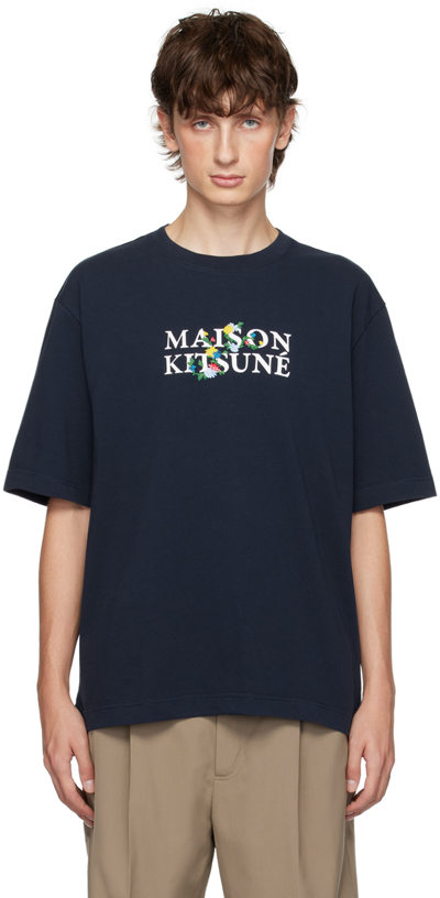 Shop Maison Kitsuné Navy Flowers T-shirt In P480 Navy
