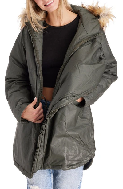 Shop Modern Eternity Sofia Waxed 3-in-1 Maternity/nursing Jacket With Faux Fur Trim In Khaki Green