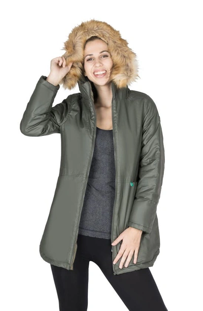 Shop Modern Eternity Sofia Waxed 3-in-1 Maternity/nursing Jacket With Faux Fur Trim In Khaki Green