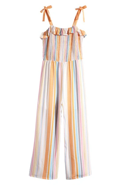 Shop Love, Fire Kids' Stripe Ruffle Smocked Bodice Jumpsuit In Yellow Multi Stripe