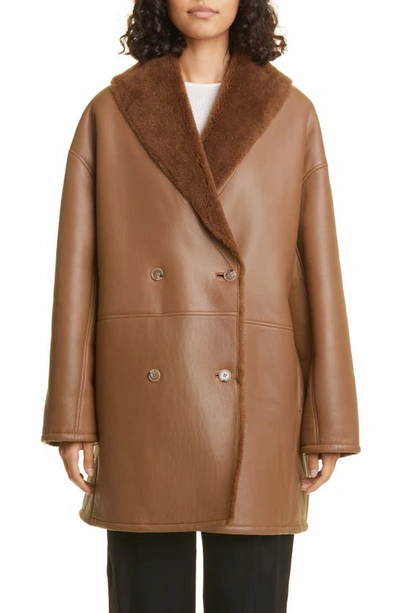 Shop Loulou Studio Leather Coat With Genuine Shearling Lining In Brown