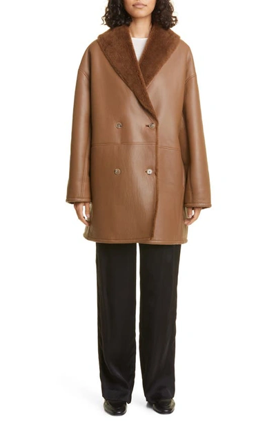 Shop Loulou Studio Leather Coat With Genuine Shearling Lining In Brown