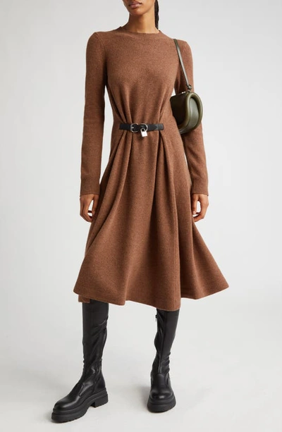 Shop Jw Anderson Padlock Belt Long Sleeve Wool Sweater Dress In Chocolate Brown