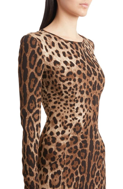 Shop Dolce & Gabbana Leopard Print Long Sleeve Cady Midi Dress In Light Brown Print