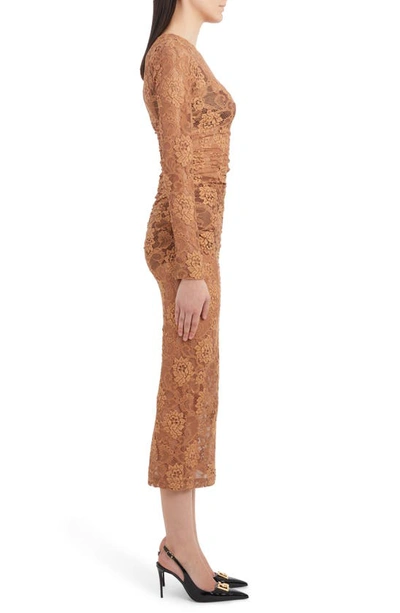 Shop Dolce & Gabbana Ruched Floral Lace Midi Dress In Medium Beige