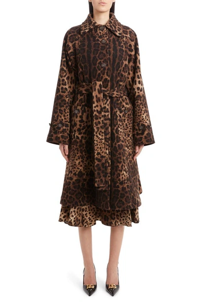 Shop Dolce & Gabbana Leopard Print Long Sleeve Cady Midi Dress In Light Brown Print