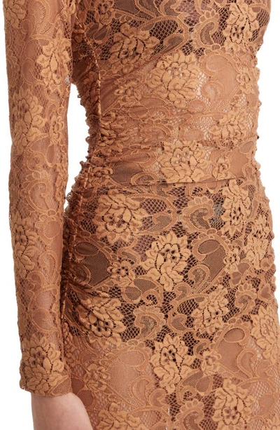 Shop Dolce & Gabbana Ruched Floral Lace Midi Dress In Medium Beige
