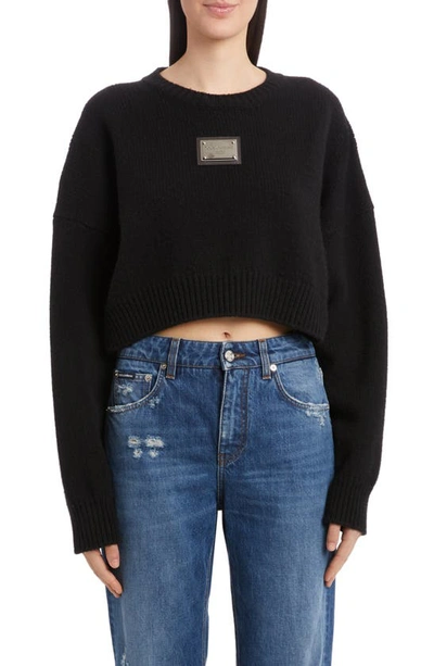 Shop Dolce & Gabbana Logo Plaque Virgin Wool & Cashmere Crop Sweater In Black