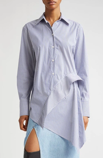 Shop Jw Anderson Deconstructed Asymmetric Stripe Cotton Blend Button-up Shirt In Blue/ White