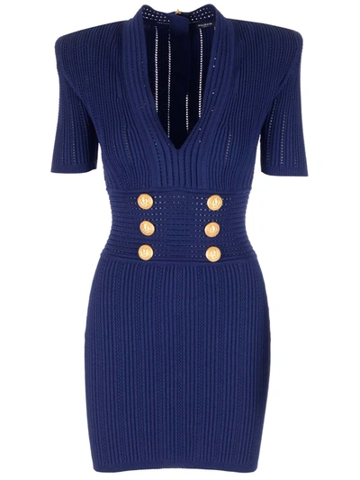 Shop Balmain Viscose Knit Mini Dress In Blue