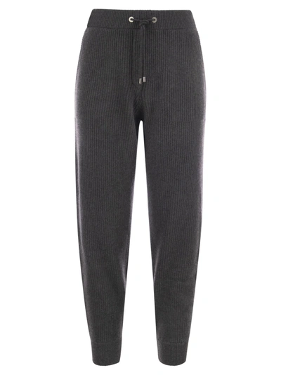 Shop Brunello Cucinelli Cotton English Rib Knitted Trousers With Shiny Tab Pocket In Dark Grey