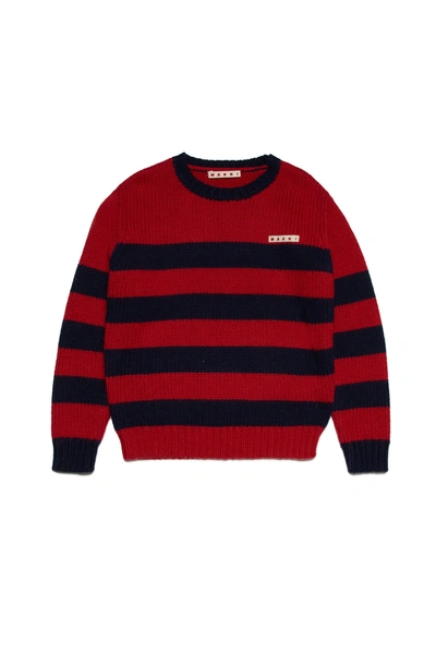 Shop Marni Striped Wool-blend Crew-neck Sweater In Red